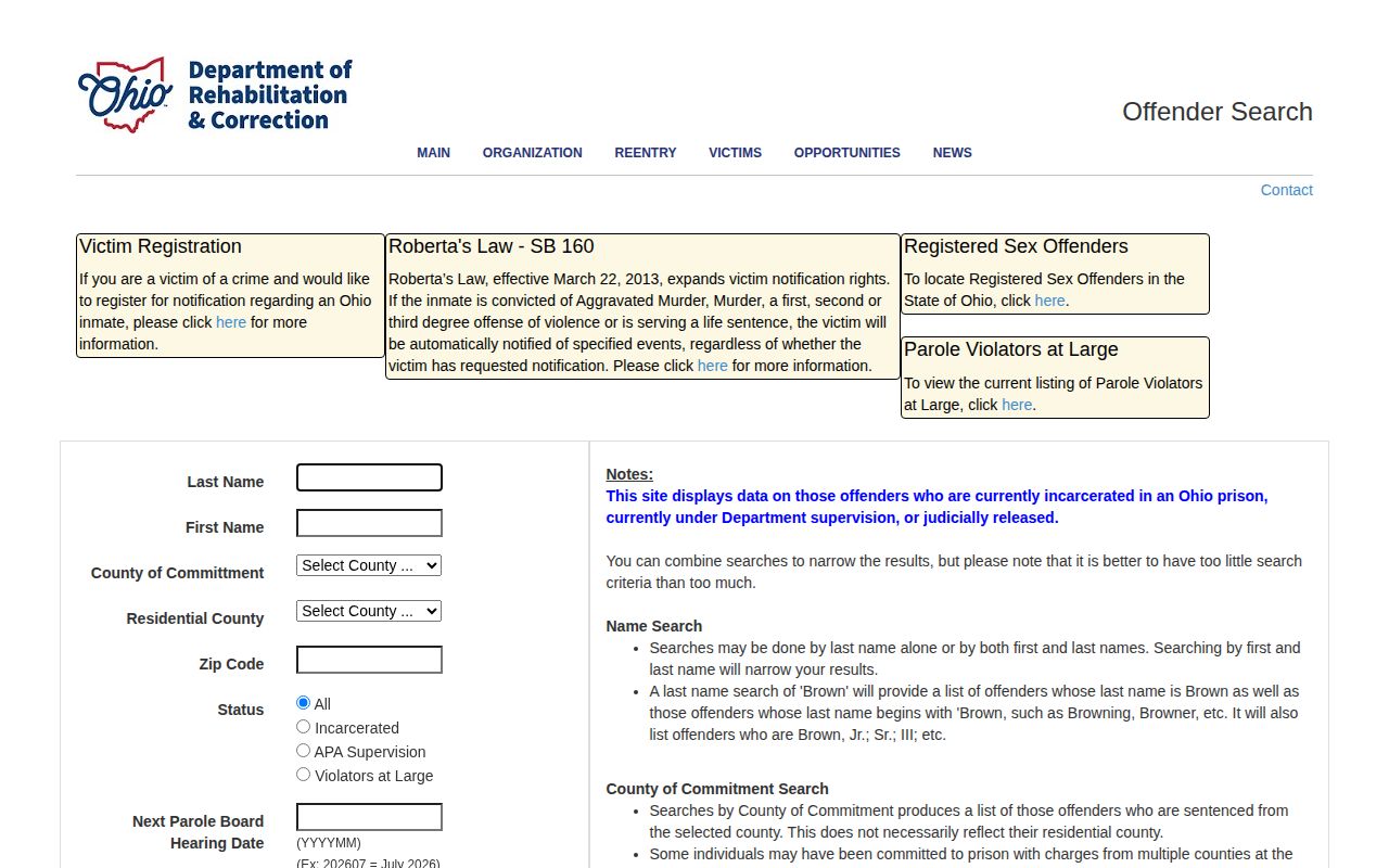 ODRC offender search filters for Lake County released inmates