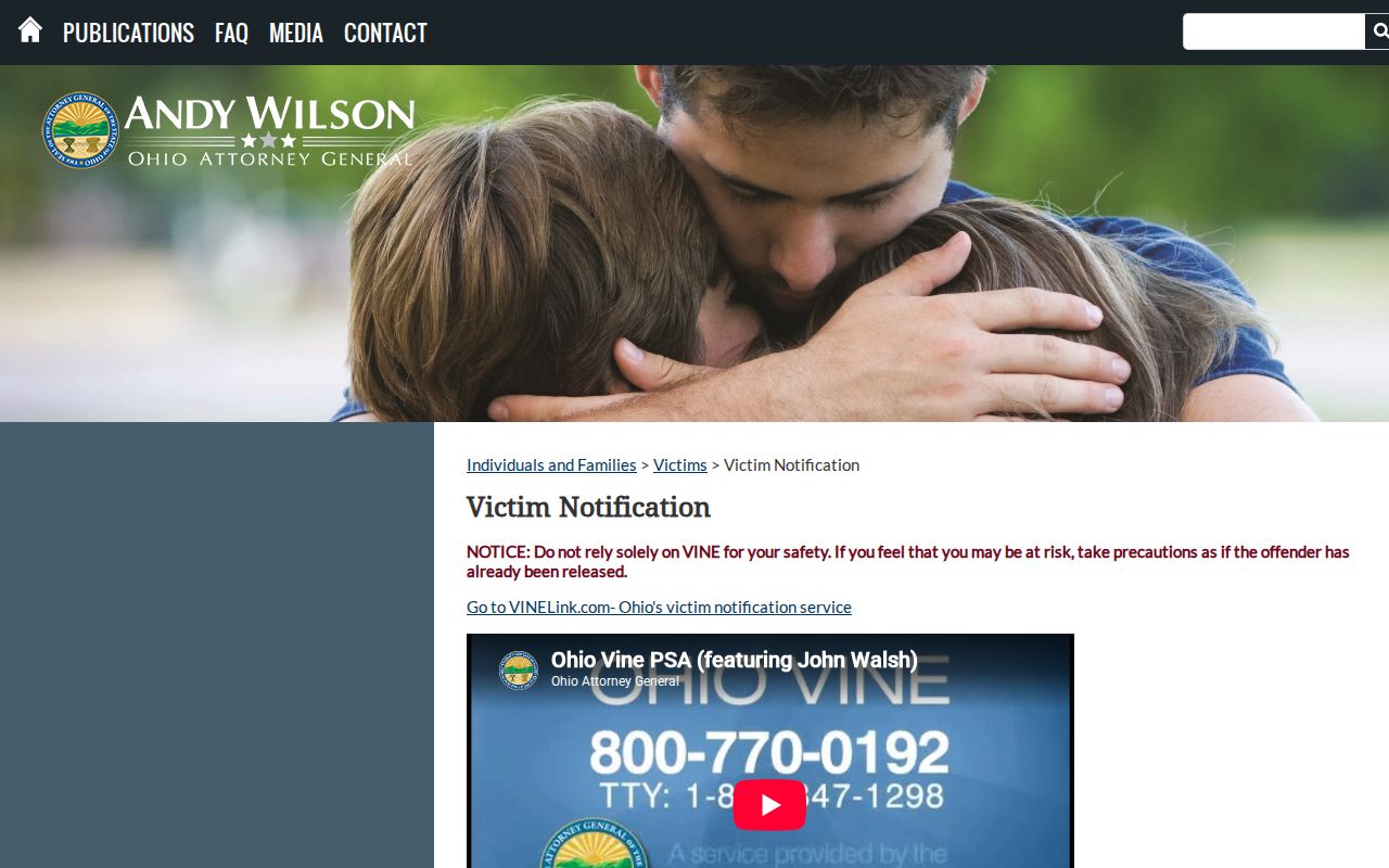 Ohio Attorney General VINE notification information for Lake County release alerts